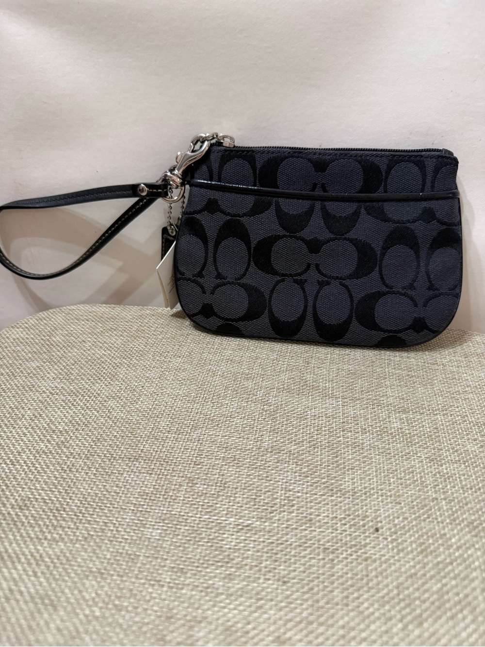 Coach Black/Charcoal Signature Jacquard Wristlet with Leather Strap